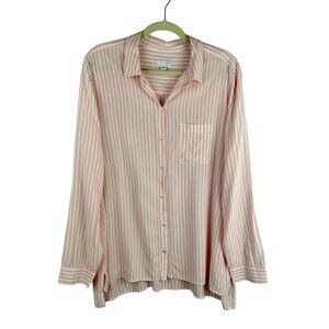 J Jill Stripe Button Down Blouse Women Large Pink White Long Roll Tab Sleeves